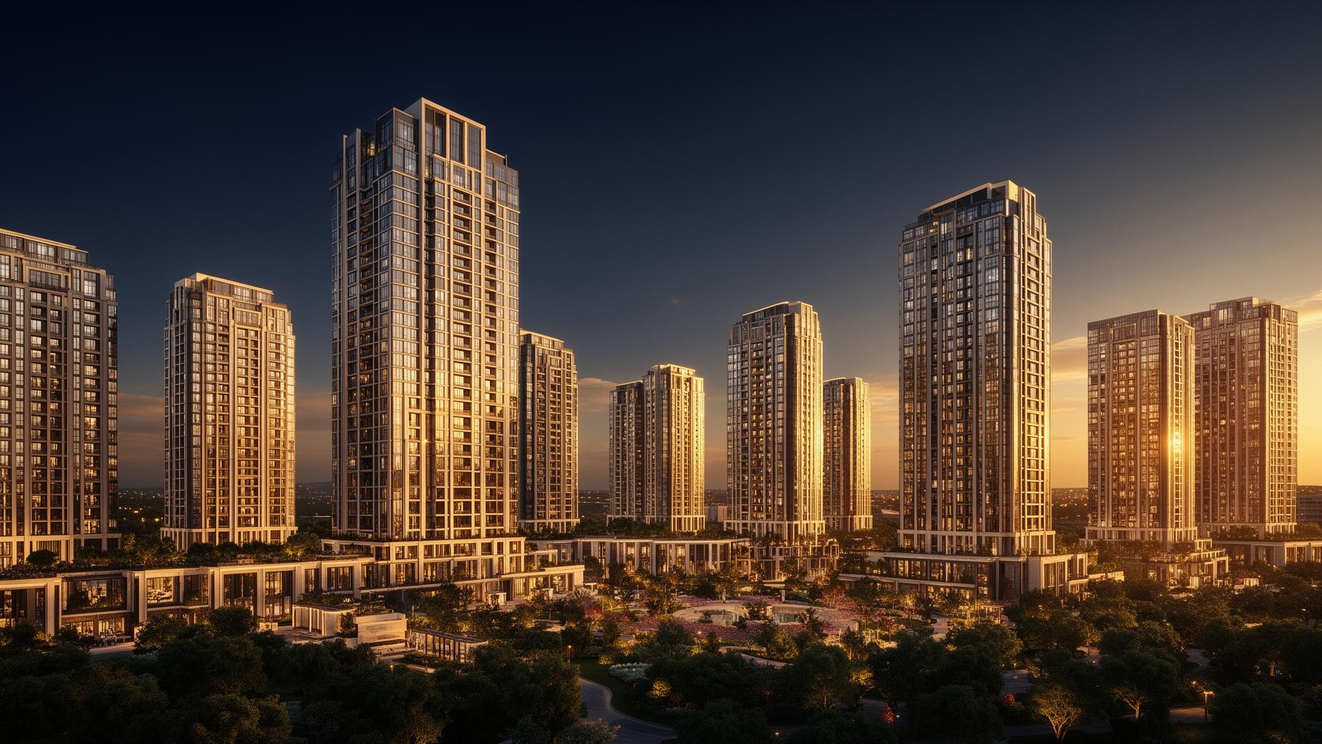 Modern luxury residential skyline at golden hour